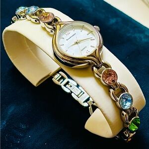 Vintage Gold-Tone Bracelet Watch with Multicolor Gems